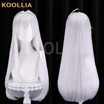 Wandering Witch Elaina cosplay wig product display, showing side-by-side front and back views against a black background. The long silver-gray wig features soft middle-parted anime bangs framing the face, extra-long straight layers with a subtle purple-grey undertone gradient, and a thin, curved upright hair strand (ahoge) on top of the crown.