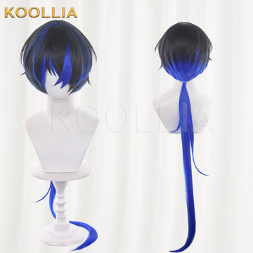 Neverness to Everness Daphthir cosplay wig product display, showing a side-by-side view of the front short styled hair and the back view with a long blue low ponytail. The wig features a black base with vibrant blue gradient highlights.