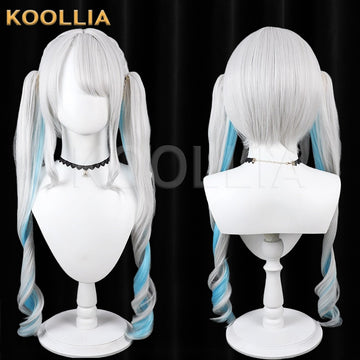 VTuber Kaga Sumire cosplay wig product display, showing side-by-side front and back views. The long silver-white wig features soft side-swept anime bangs, face-framing layers, and long twin tails styled with vibrant light blue gradient streaks and curled ends.