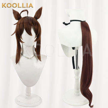 Multi-angle display of Uma Musume Nakayama Festa deep brown low ponytail long basic wig