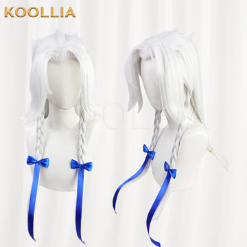 Multi-angle display of League of Legends & Spirit Blossom Yone silver white double braid basic wig