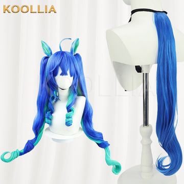 Multi-angle display of Umamusume Pretty Derby Twin Turbo sapphire blue mint green gradient extra long hair basic wig