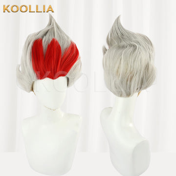 Multi-angle display of League of Legends & Winged Pair Rakan white red highlights spiky updo basic wig