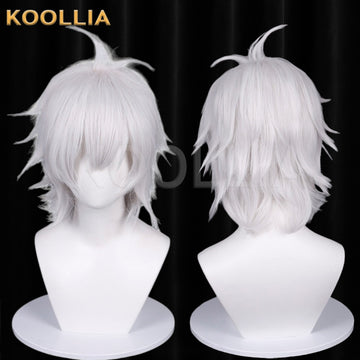 Jujutsu Kaisen Gojo Satoru cosplay wig product display, showing a side-by-side view of the front and back styles. The silver-white short wig features spiky, textured layers and a curved ahoge strand standing up on the crown against a dark background.