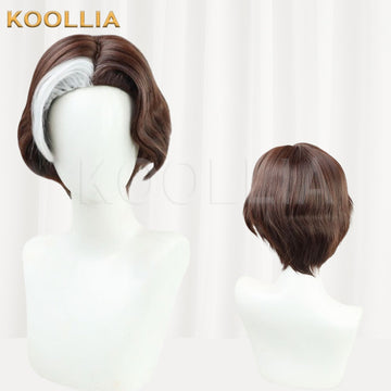Multi-angle display of Final Fantasy XIV Emet-Selch (Hades) brown with white highlight short curly basic wig