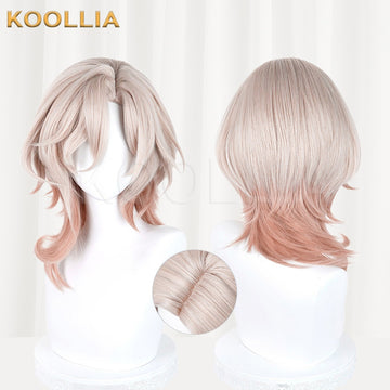 Multi-angle display of Honkai Star Rail Kusaba light pink gradient layered curly basic wig