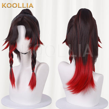 Honor of Kings Yunying Divine Steed cosplay wig product display, showing a side-by-side view of the front and back style. The wig features a black base with a vibrant red gradient, stylized face-framing bangs, two thin side braids, and a layered back high ponytail look.