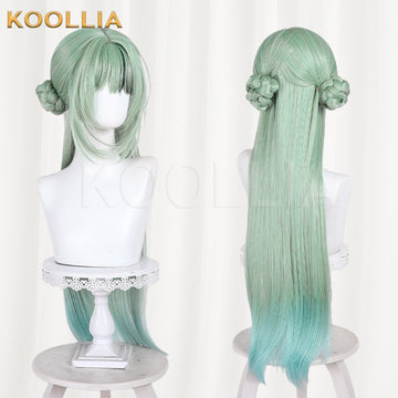 Arknights Sui Thirteen cosplay wig product display, showing side-by-side front and back views. The long mint green wig features two styled side space buns, face-framing layered bangs, and an extra-long straight back style with a soft turquoise gradient at the ends.