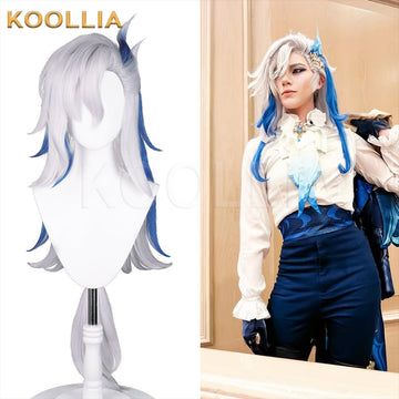 Koollia Genshin Impact Neuvillette long white and blue cosplay wig on mannequin next to a cosplayer wearing the styled wig and costume