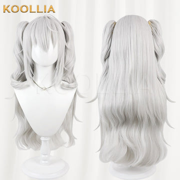 VTuber Kuzuha gender-bend Sanya cosplay wig product display, showing side-by-side front and back views. The long silver-gray wig features voluminous, textured anime bangs, face-framing side strands, and two high twin tails falling into soft, thick wavy layers down past the waist.