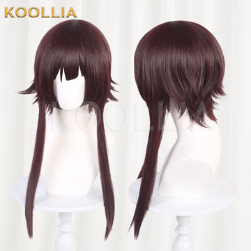 KonoSuba Megumin cosplay wig product display, showing side-by-side front and side views. The dark reddish-brown wig features uneven blunt anime bangs, short flicked layered sides, a messy textured back at the nape, and two signature long, straight side strands framing the face that extend down past the chest.