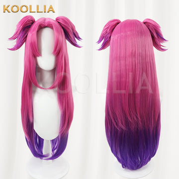 Multi-angle display of League of Legends & Heartsteel Lillia pink purple gradient extra-long basic wig
