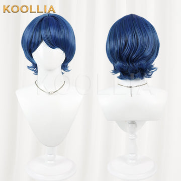 Mobile Suit Zeta Gundam Kamille Bidan cosplay wig product display, showing side-by-side front and back views. The short royal blue wig features full, rounded sweeping bangs, layered side strands, and a slightly flicked, textured style at the nape of the neck.