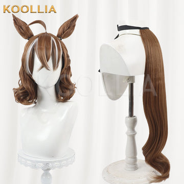Front-and-back two-angle product display of a brown cosplay wig with two upright white horse ears, twin curly side puffs, and a long brown ponytail. The wig is mounted on a white mannequin head on a plain white background, showing both the front face shape and the back ponytail tail in one composite image.