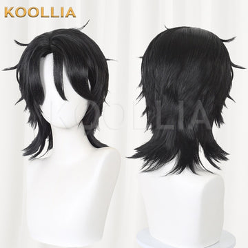 Tou Qi Guai Tan Huai Yunqing cosplay wig product display, showing side-by-side front and back views. The short solid black wig features long, curtain-style center-parted anime bangs framing the face, layered textured sides, and a flicked, shaggy wolf-cut or mullet-style neckline at the back.