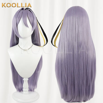 Game Neverness to Everness Hathor cosplay wig product display, showing side-by-side front and back views. The long taro purple wig includes a black and gold hair ribbon accessory tied on one side, featuring long straight layers.