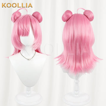 Game Neverness to Everness XiaoZhi cosplay wig product display, showing a side-by-side front and back view. The cherry pink medium-length wig features two cute buns on top, a thin ahoge strand, and layered outward flipped ends.
