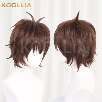 KonoSuba Satou Kazuma cosplay wig product display, showing side-by-side front and side views. The short warm brown wig features messy, layered anime-style point-cut bangs framing the face, textured flicks on the sides, and a sharp, prominent upright hair strand (ahoge) on top of the crown.