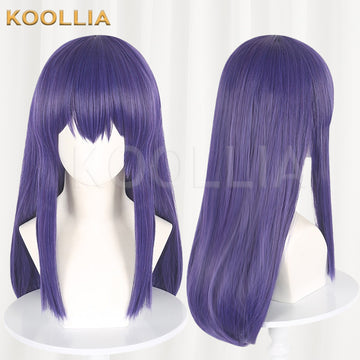 The Disastrous Life of Saiki K. Teruhashi Kokomi cosplay wig product display, showing side-by-side front and side-back views. The long ink blue-purple wig features smooth, straight anime-style bangs with a small centered notch, collarbone-length face-framing side pieces, and long straight hair cascading down the back with slightly curved ends.