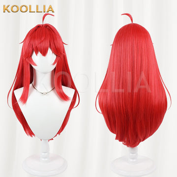 Game Neverness to Everness Nanali cosplay wig product display, showing side-by-side front and back views. The long bright red wig features textured anime-style framing bangs over the forehead, shoulder-length face-framing side strands, an extra-long smooth straight back, and a distinct single upright hair loop (ahoge) on top of the crown.