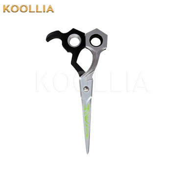 Koollia Gachiakuta Ryo scissors cosplay prop, vertical view showing black ring handle and silver blade