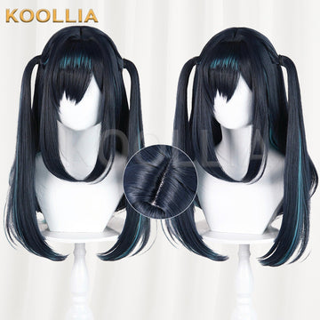 Arknights Closure cosplay wig product display, showing a side-by-side view of the styled front with twin pigtails. The black base wig features teal and blue green highlights, a unique top hair loops design, and a circular inset showing the realistic head part skin top.