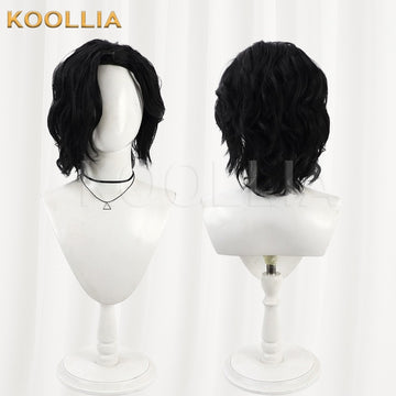 Multi-angle display of Elden Ring Nightreign Scholar pure black messy curly short hair basic wig