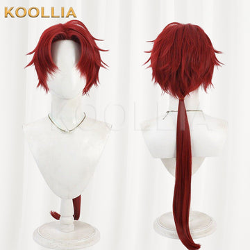 Touken Ranbu Tonbokiri cosplay wig product display, showing side-by-side front and back views. The dark red wig features short, spiky layered hair around the face with a high-volume combed-back crown, center-parted side bangs, and an extra-long straight low ponytail extension extending past the mid-back.