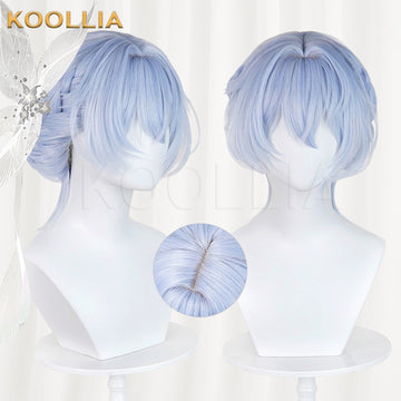 A composite product image of an ice blue cosplay wig on white mannequins. The left view shows the wig from a three-quarter angle with a floral hairpiece, the right view shows a direct front view with styled face-framing bangs, and a small circular inset highlights the top center skin parting.
