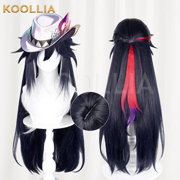 Multi-angle display of Honkai Star Rail Ashveil Deep Navy Long Half-up Layered Basic Wig