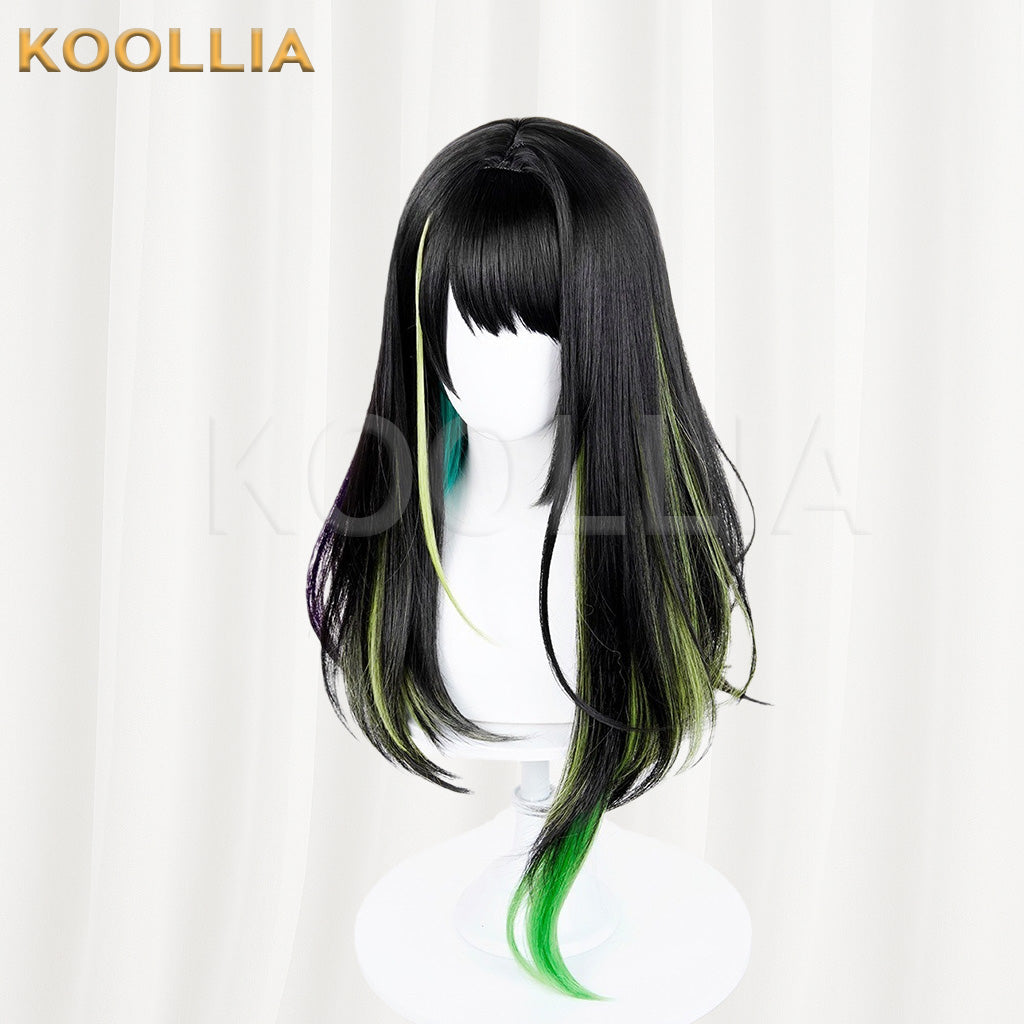 Arknights Mon3tr Black Neon Green Purple Highlight Medium-Long Basic Wig