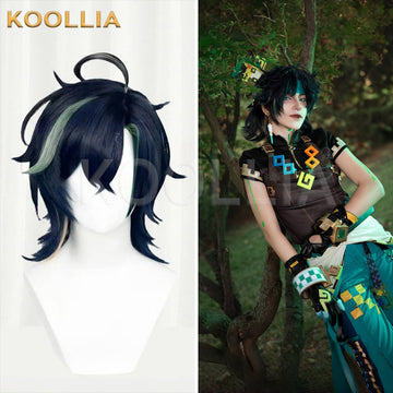 Koollia Genshin Impact Kinich short dark blue cosplay wig with green and golden highlights on mannequin next to a cosplayer wearing the styled wig and costume outdoors