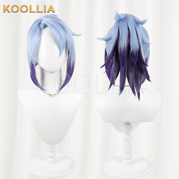 League of Legends Star Guardian Akali cosplay wig product display, showing side-by-side front and back views. The wig features a light ice blue base with long face-framing side bangs tipped in dark purple, and a pre-styled high ponytail or spiky wolf-cut back cascading into a dramatic dark purple gradient.