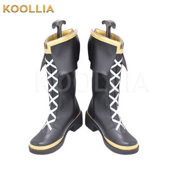 Pretty Derby Mejiro McQueen cosplay shoes product display, showing a pair of mid-calf black faux leather boots. The shoes feature large folded pointed side cuffs with gold lining, white criss-cross laces down the front, and distinct gold trim along the soles and collar edges against a white background.
