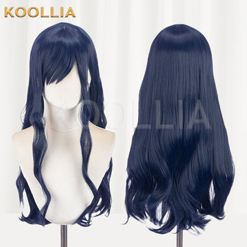 Multi-angle display of Final Fantasy XIV Gaia navy blue extra long wavy basic wig