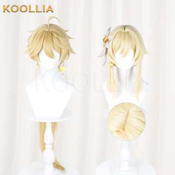 Multi-angle display of Genshin Impact Traveler Aether Lumine light golden layered basic wig