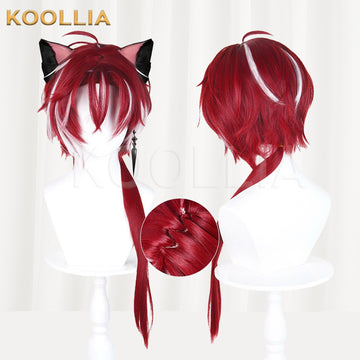 Multi-angle display of Arknights Bellone Wine Red Short Single Long Tail Basic Wig