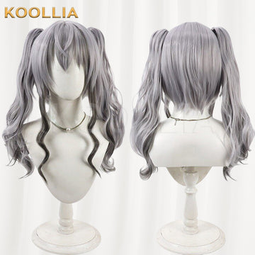 Maimai DX theme cosplay wig product display, showing side-by-side front and back views. The long acid silver-gray wig features long parted M-shaped anime bangs framing the face, and two high twin tails styled into soft, defined vertical spiral curls cascading down past the shoulders.