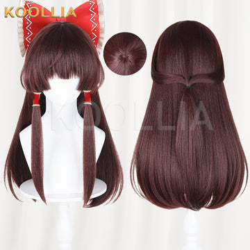 Touhou Project Hakurei Reimu cosplay wig product display, showing a side-by-side view of the front and back styles. The dark reddish-brown long wig features thick rounded bangs, long face-framing hime-cut strands wrapped with red ribbons, a large red hair bow accessory, and a circular inset showing the realistic hair crown.