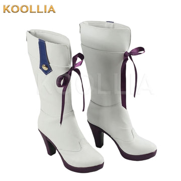 Pretty Derby Tokai Teio cosplay shoes product display, showing a pair of white mid-calf high-heeled boots. The shoes feature dark purple platform soles, sturdy chunky heels, elegant purple ribbon bows tied at the outer sides, and a distinct asymmetric blue and gold shield emblem on the upper collar.