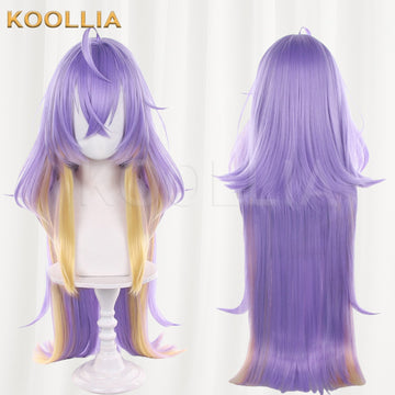 Neverness to Everness Fatia cosplay wig product display, showing side-by-side front and back views. The long wig features a vibrant lavender purple base with distinct pastel yellow under-layer highlights framing the face.