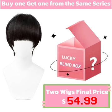 Short black straight cosplay wig displayed on a white background in three side-by-side views, including a top-down angle, a full wig shape with center-parted bangs, and a side profile. The wig is a basic short black style representing Mob from Mob Psycho 100, attached to a plain white mannequin head.