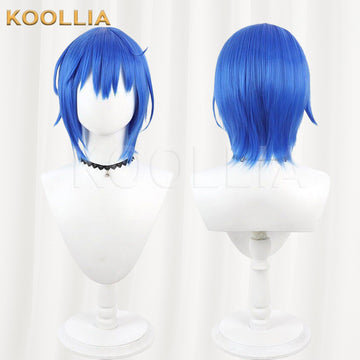Fate/Grand Order Ciel cosplay wig product display, showing side-by-side front and back views. The short royal blue wig features textured, choppy point-cut bangs framing the forehead, slightly longer side pieces curving along the jawline, and a naturally tapered shaggy back.
