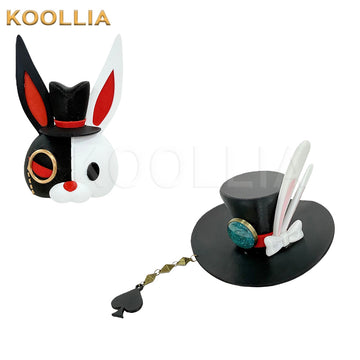 Genshin Impact themed cosplay headwear set on a white background, displaying a plush split-color black and white bunny head wearing a tiny top hat, alongside a matching full-sized black mini top hat hair accessory decorated with a red band, white bunny ears, a bow, and a dangling spade chain charm.