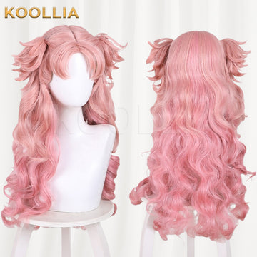 Witch Hat Atelier Tetia cosplay wig product display, showing side-by-side front and back views. The solid pastel pink wig features two messy styled side buns, parted curly bangs, and long, voluminous wavy curls cascading down the back.