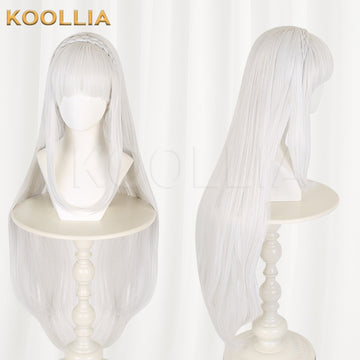 Re:Zero Emilia cosplay wig product display, showing side-by-side front and side views. The extra-long silvery white wig features full blunt straight bangs over the forehead, long face-framing side strands, a pre-styled braided hairband across the crown, and sleek straight layers cascading down the back.