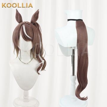 Multi-angle display of Uma Musume Tosen Jordan brown white highlight wavy long basic wig