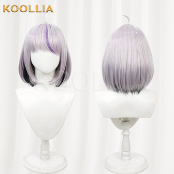 Hololive La+ Darknesss cosplay wig product display, showing side-by-side front and back views. The shoulder-length silver-grey bob features a neat straight fringe with a distinct purple streak over the left eye, dark under-layer peekaboo highlights framing the neck, and a small curved hair strand (ahoge) on the crown.