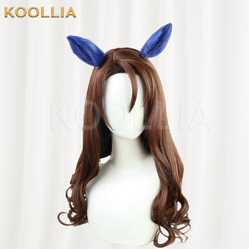 Multi-angle display of Umamusume Pretty Derby King Halo chestnut brown long hair basic wig with ribbon