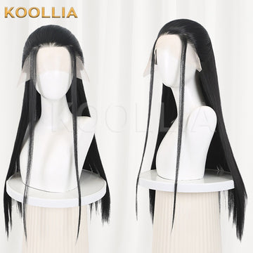 Front view of a long solid black cosplay wig with a high topknot or bun, mounted on a white mannequin head against a plain light background. The wig represents Crane Boy from Ne Zha 2 and features a traditional Chinese-style topknot accessory. A KOOLLIA watermark is visible.